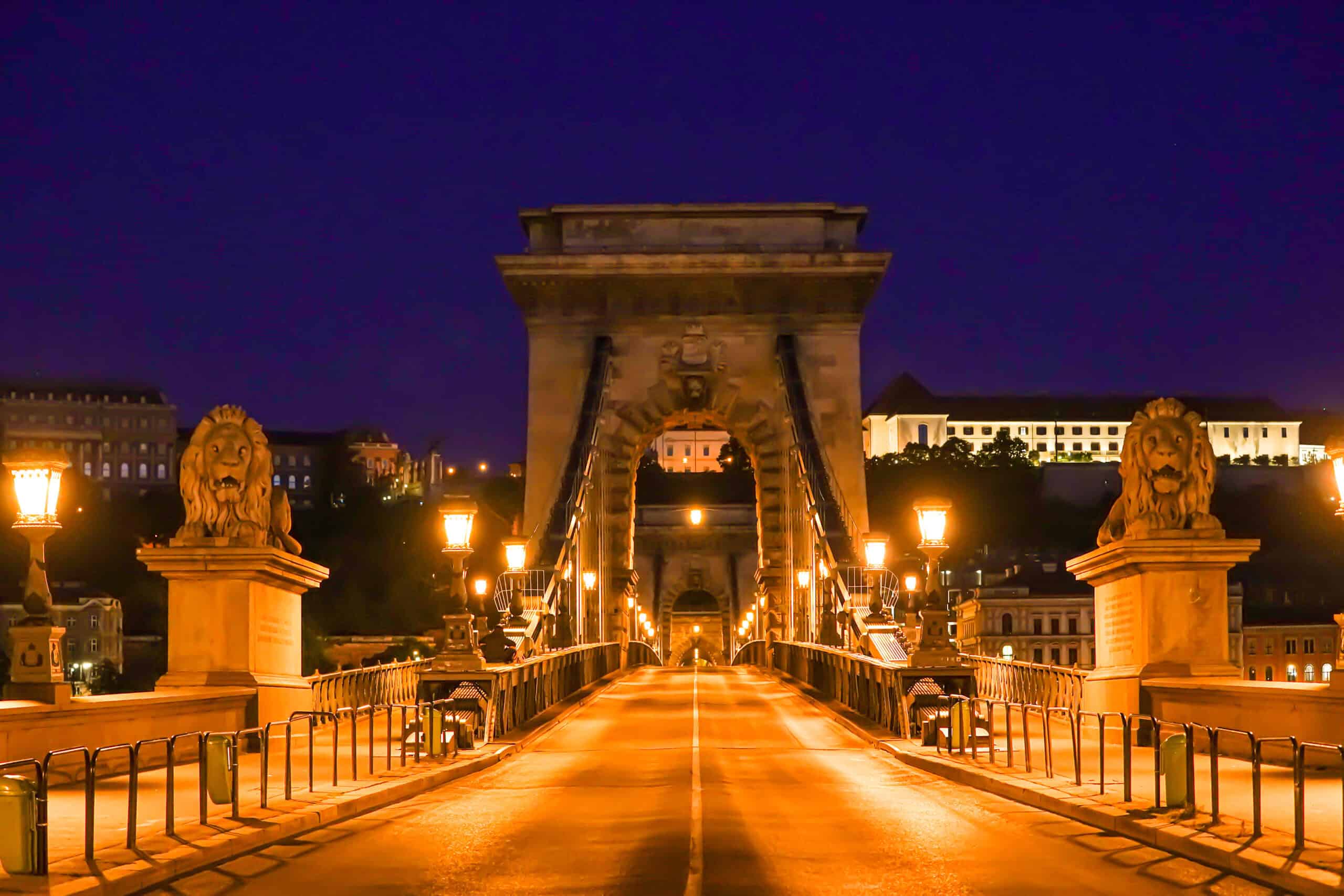A stone lion guarding the Chain Bridge in Budapest at night