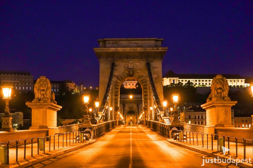 Close up of the famous stone lion statue roaring on the Chain Bridge