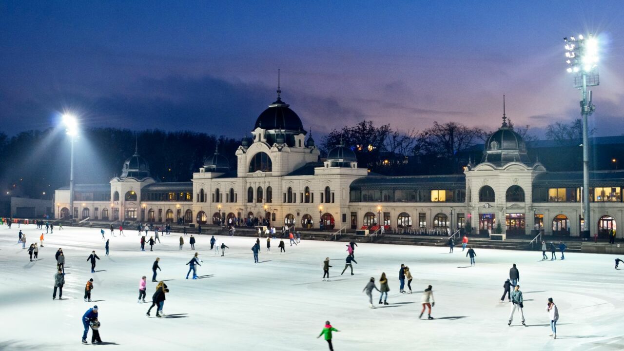 A massive crowd cheerfully ice skating on the frozen lake cleanly in front of Vajdahunyad Castle