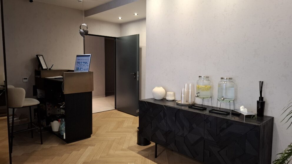 A stylish black and white geometric bathroom at Hotel Collect