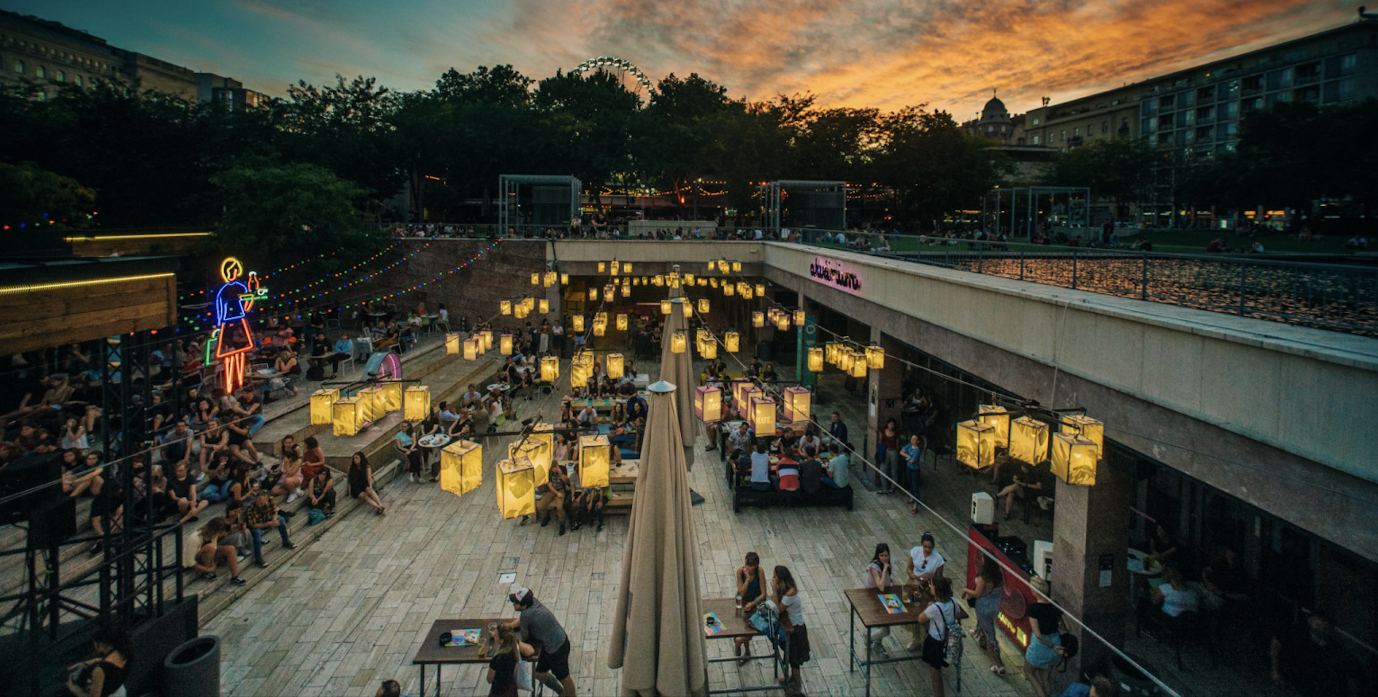 The open-air terrace of Akvárium Klub, one of the greatest concert venues in Budapest