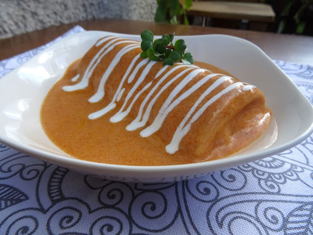 Hortobágyi palacsinta (Hungarian stuffed crepes Hortobágy [JE5] style) made from ground chicken paprikash