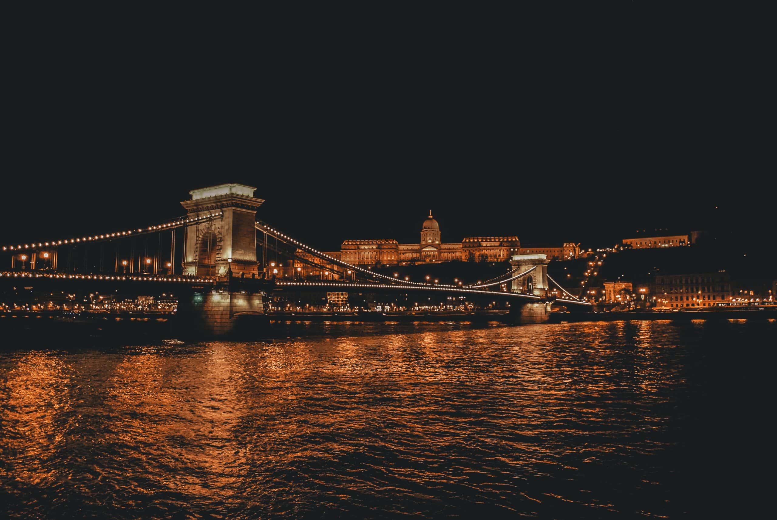 The pearl-like iron chain structure of the Széchenyi Chain Bridge in Budapest by night