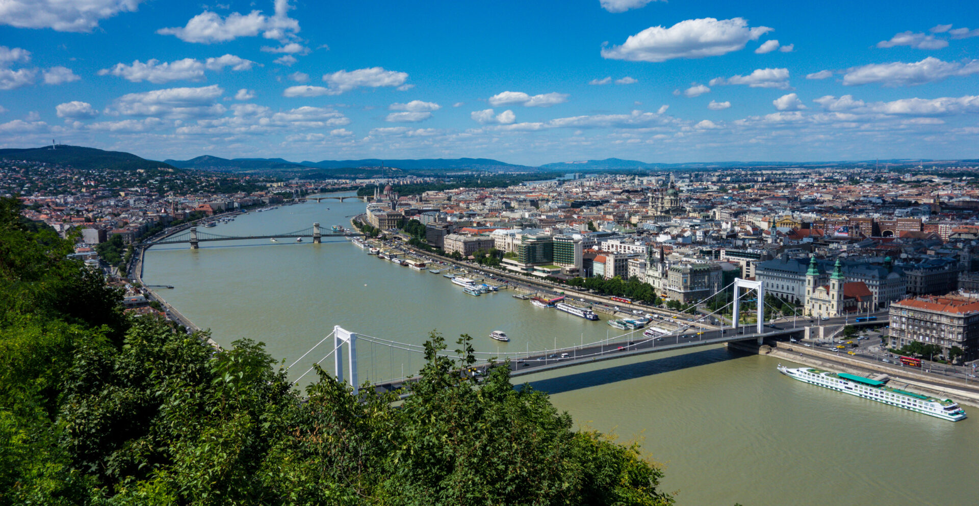 A stunning panoramic view of the Danube river as it flows through the center of Budapest