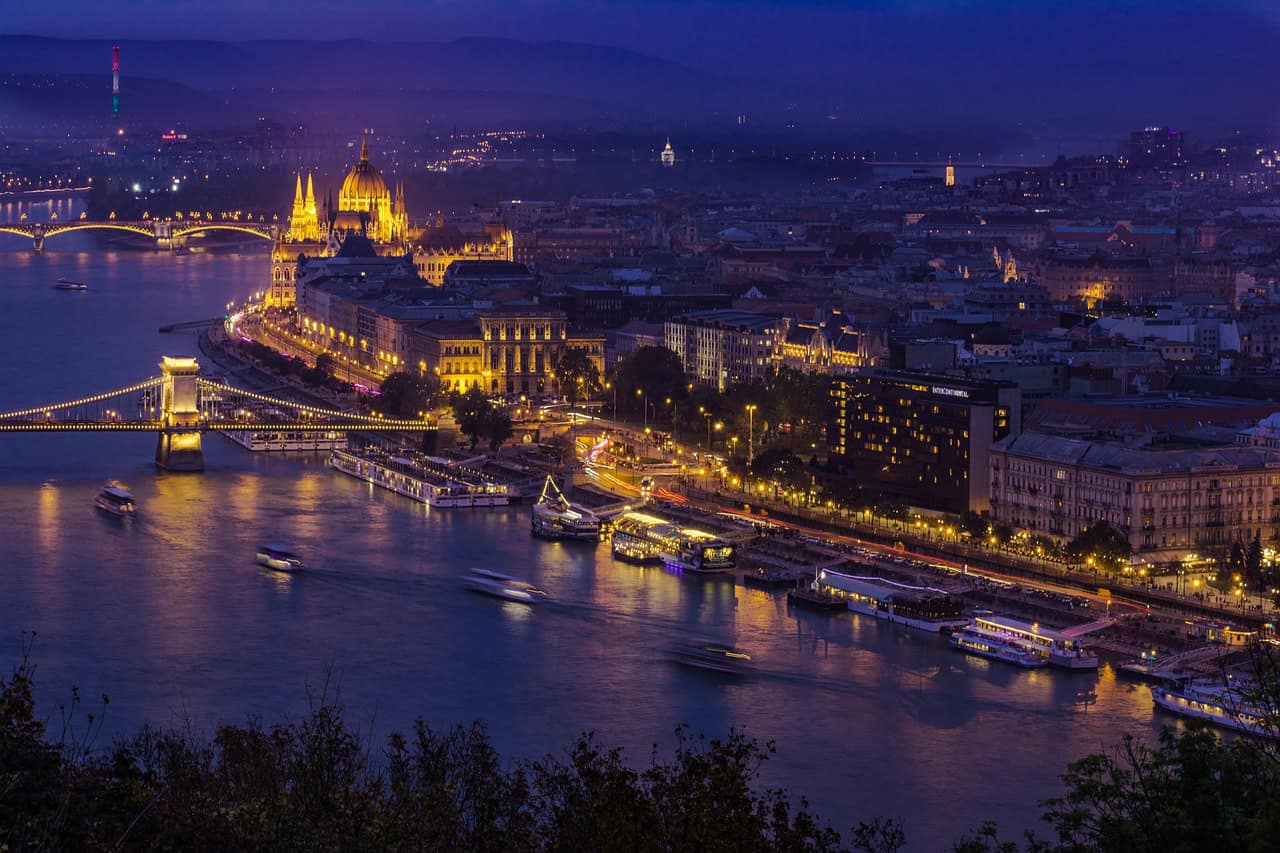 Aerial perspective of the Danube river and Budapest bridges