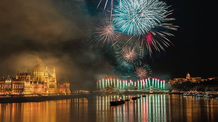 Golden sunset over the Danube river in Budapest during August