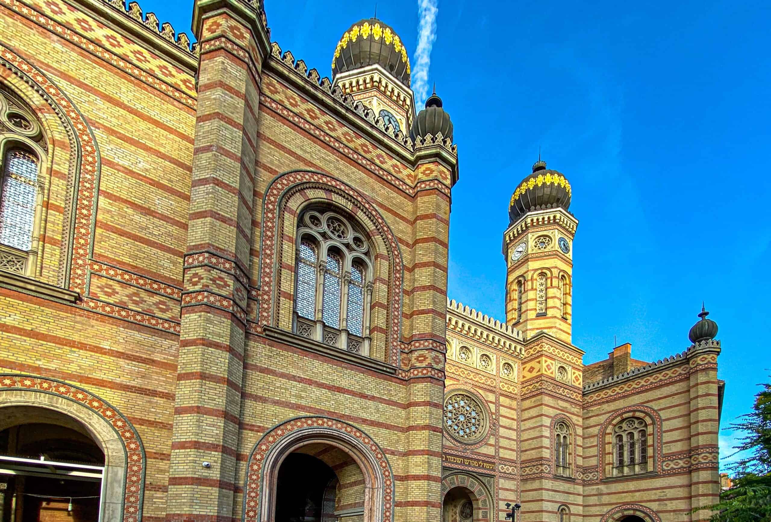The magnificent striped brick facade and towers of the Dohany Synagogue