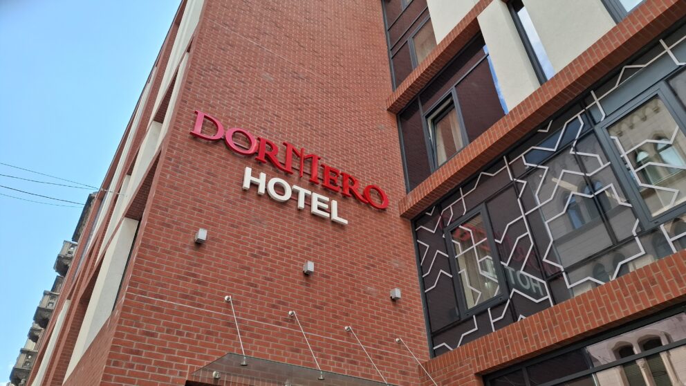 The vibrant, exceptionally modern lobby and reception area of the Dormero Hotel