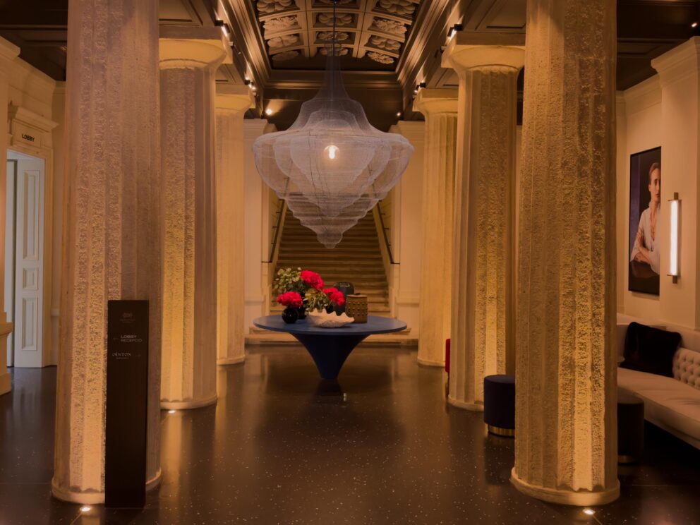 The stunning inner courtyard and glass roof of the Pavilon Restaurant at the Dorothea Hotel