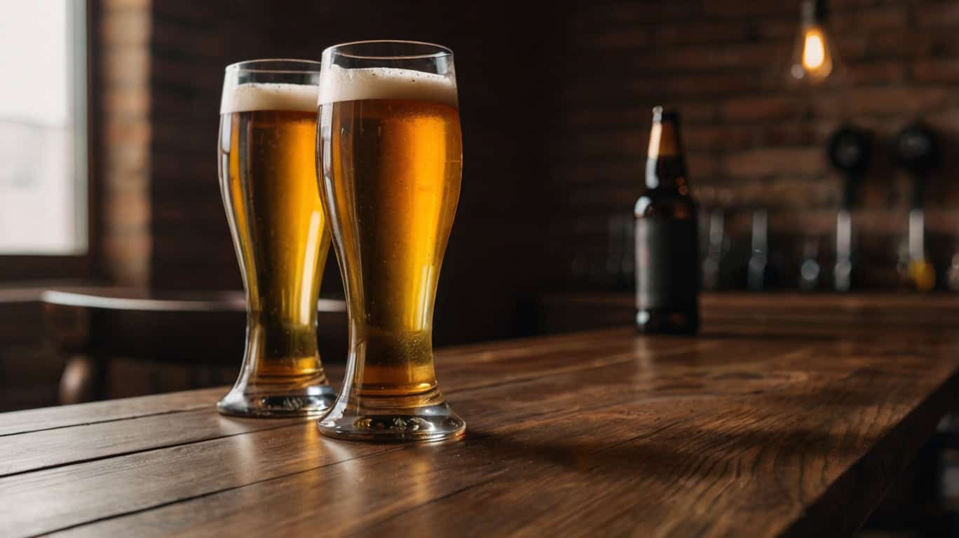 Two frosty glass pints perfectly filled with golden draft beer resting on a rustic wooden pub table