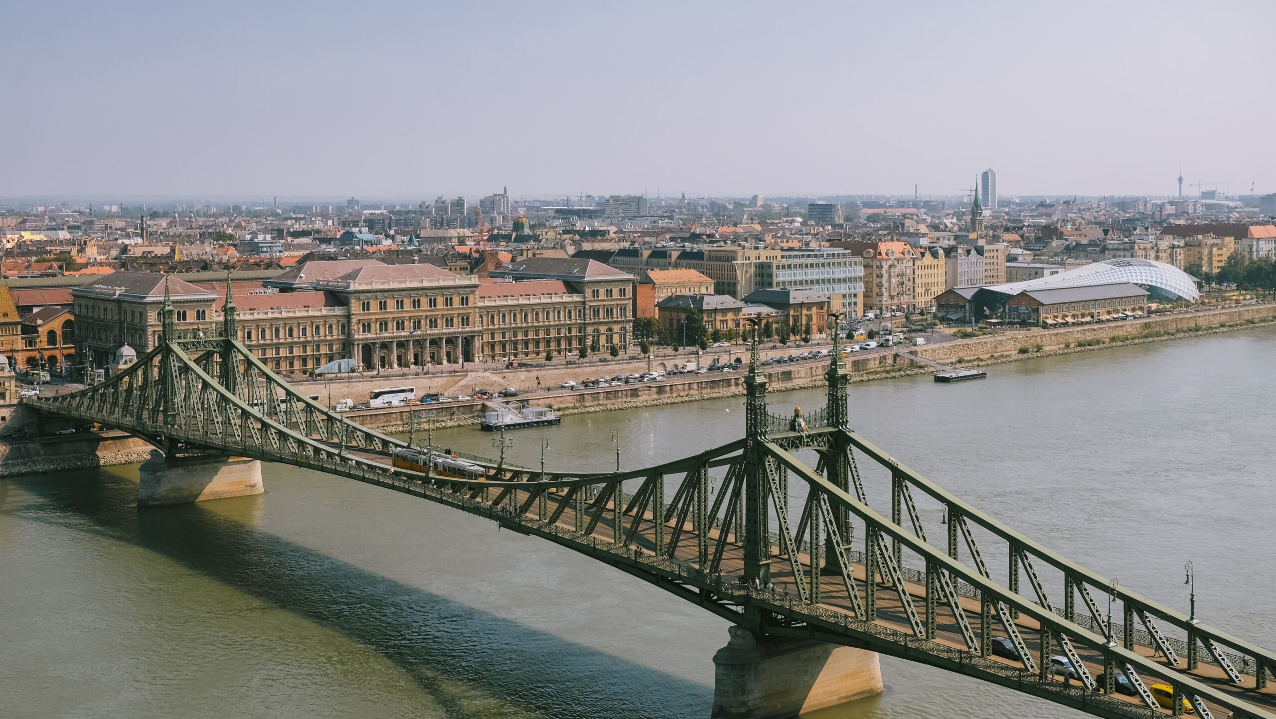 Liberty Bridge (Szabadság-híd) with the Pest side river bank in Budapest