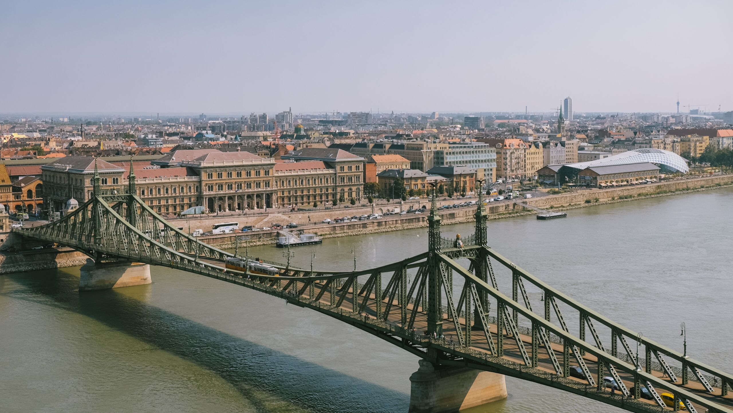 The modern and elegant white Elisabeth Bridge spanning the Danube in Budapest