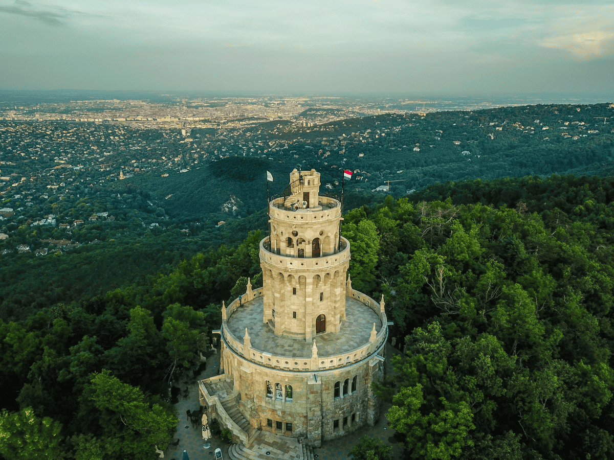 Aerial view of the Elizabeth Lookout Tower on János Hill