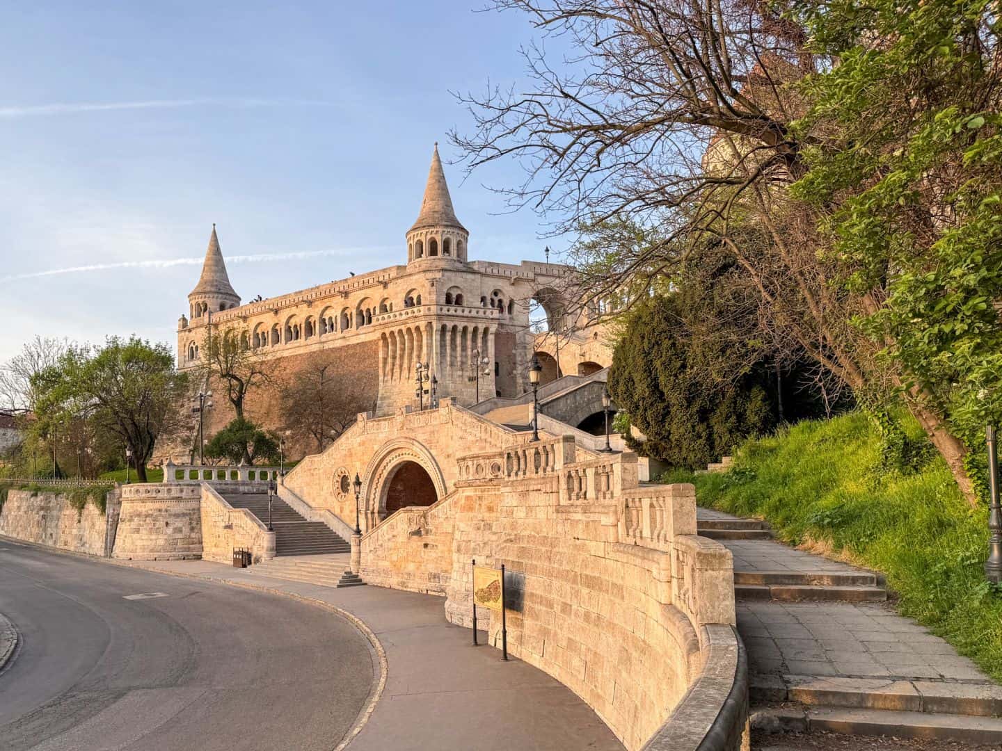 The continuous stretch of intricate white stone balustrades forming the Fisherman's Bastion