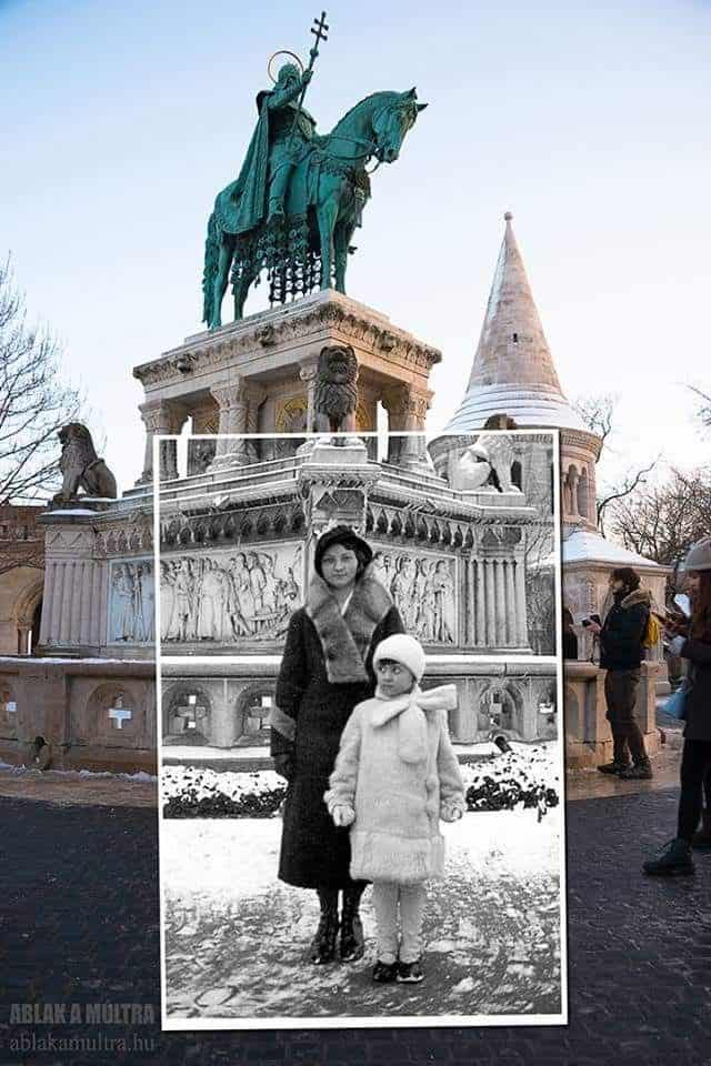 The Fishermen's Bastion glowing brilliantly at night with warm golden floodlights