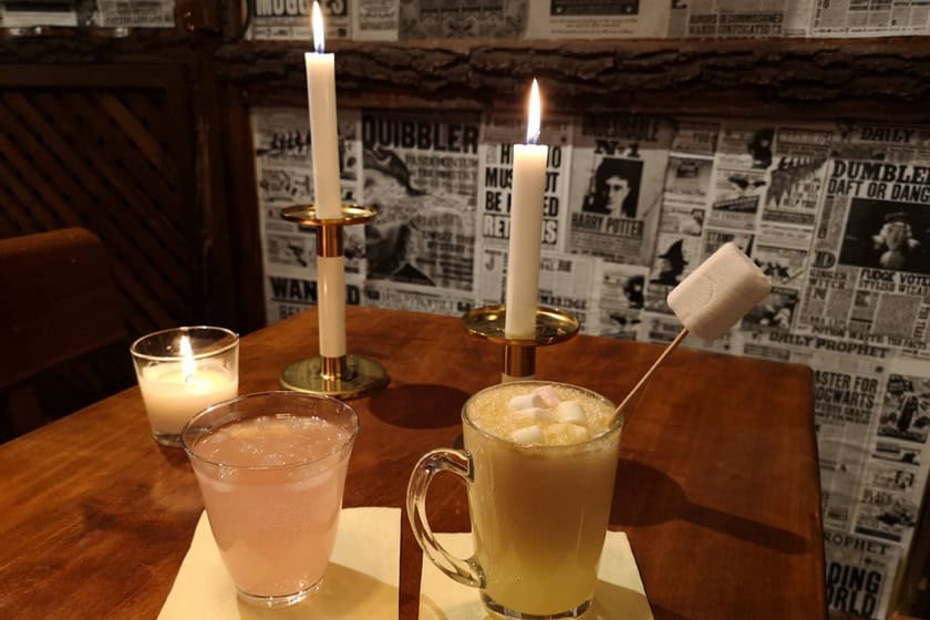 Themed butterbeer and drinks at the Flying Broomstick cafe in Budapest