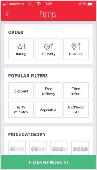 A detailed app filters menu with options to sort by Rating, Delivery time, and Distance
