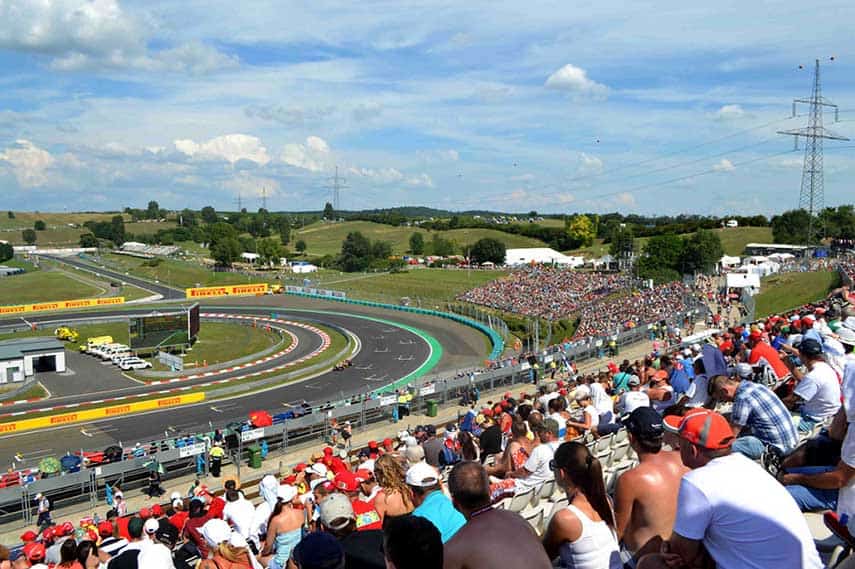 Packed grandstands at the Hungaroring circuit during the Formula 1 Hungarian Grand Prix