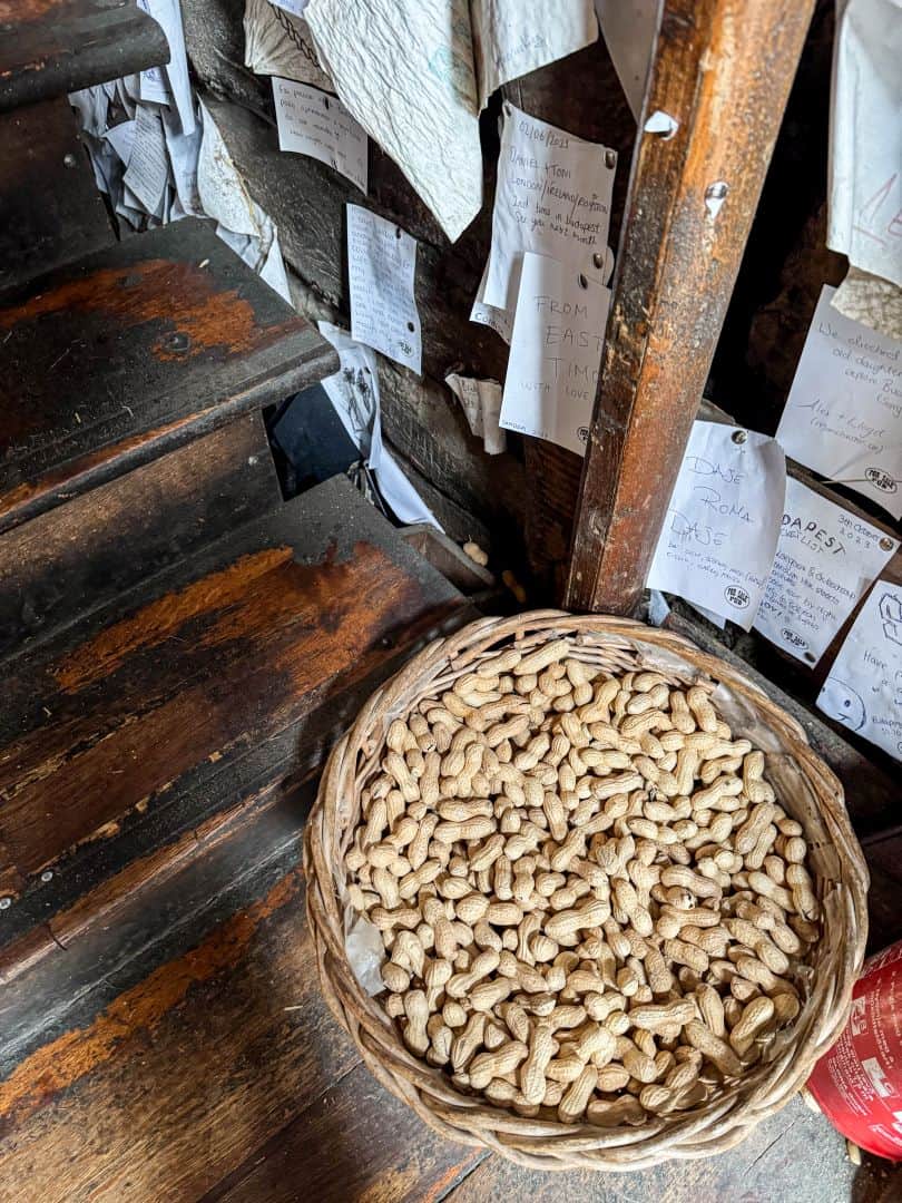 An enormous woven basket overflowing with dry, roasted peanuts sitting on a pub table