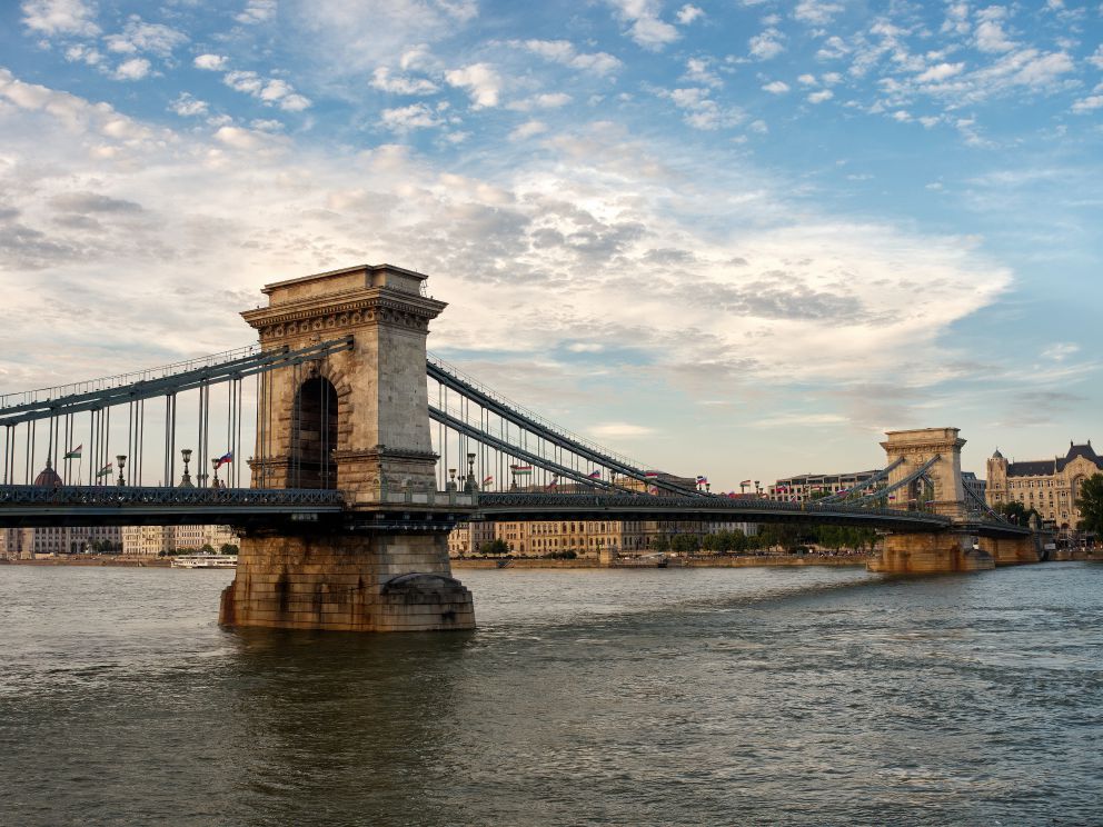 The two pillars of the Széchenyi Chain Bridge in Budapest