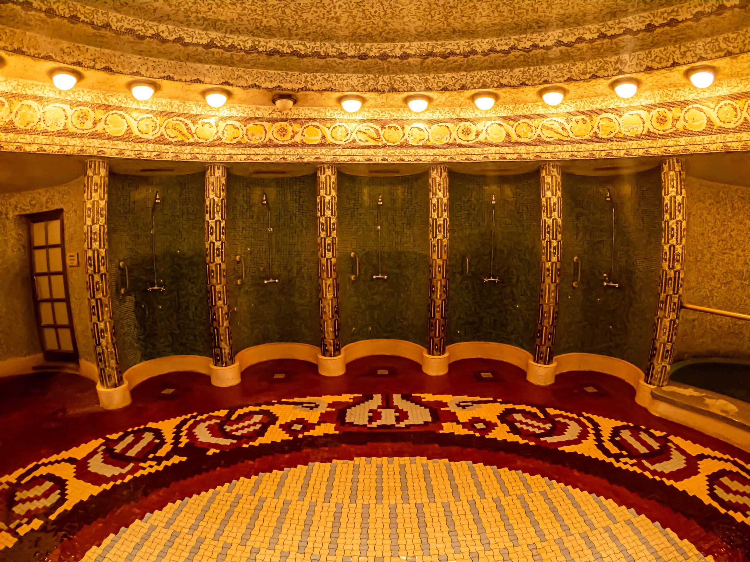 One of the incredibly ornate indoor thermal pools covered in blue Zsolnay mosaics