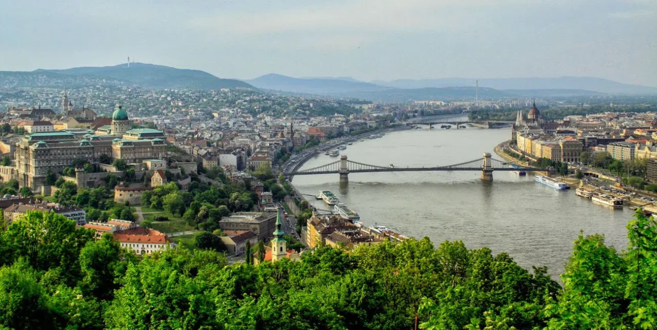 Panoramic sunset view of the Danube and Elizabeth Bridge from Gellert Hill