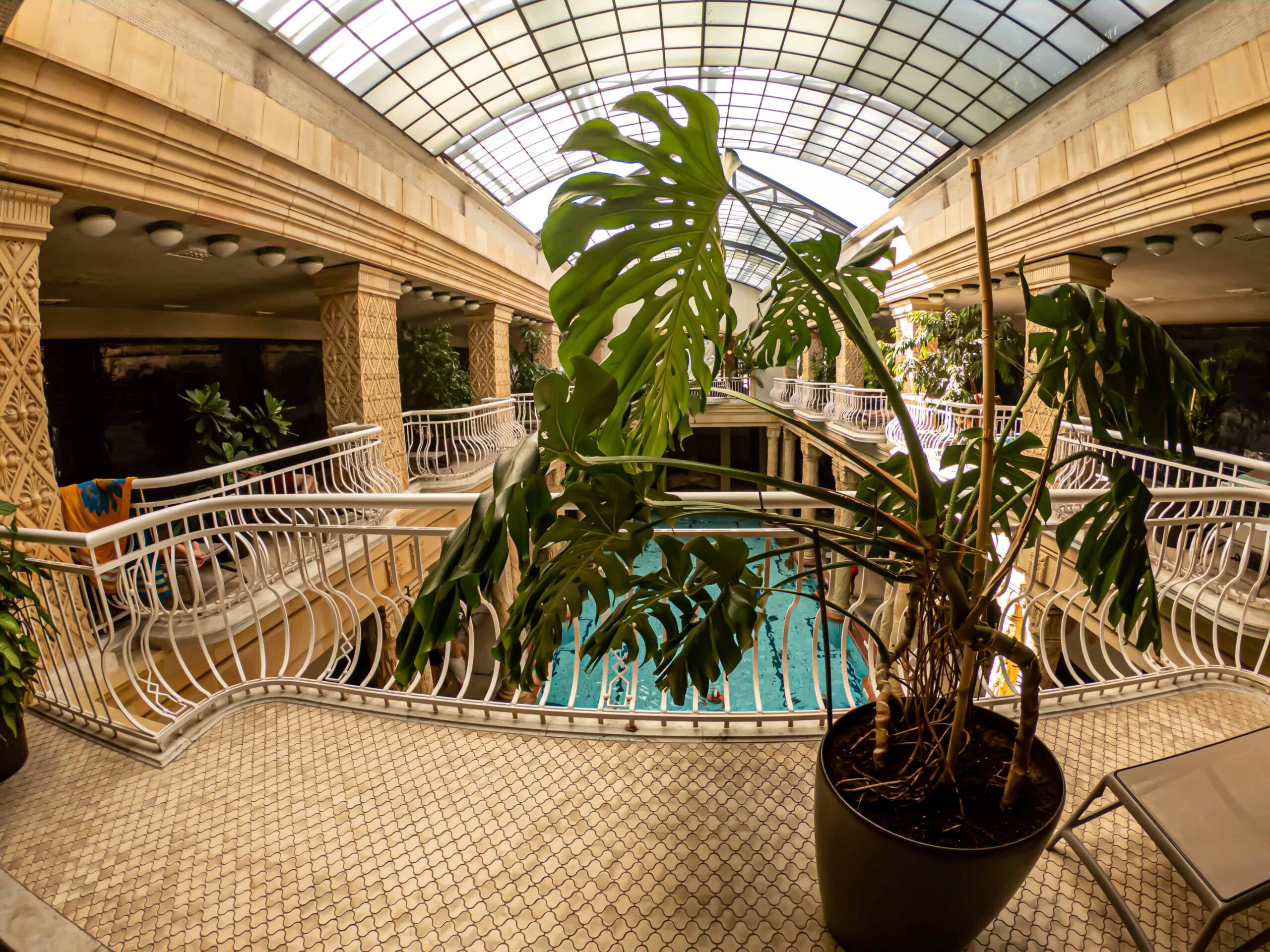 The massive indoor swimming pool at Gellért Bath covered by a vaulted glass roof