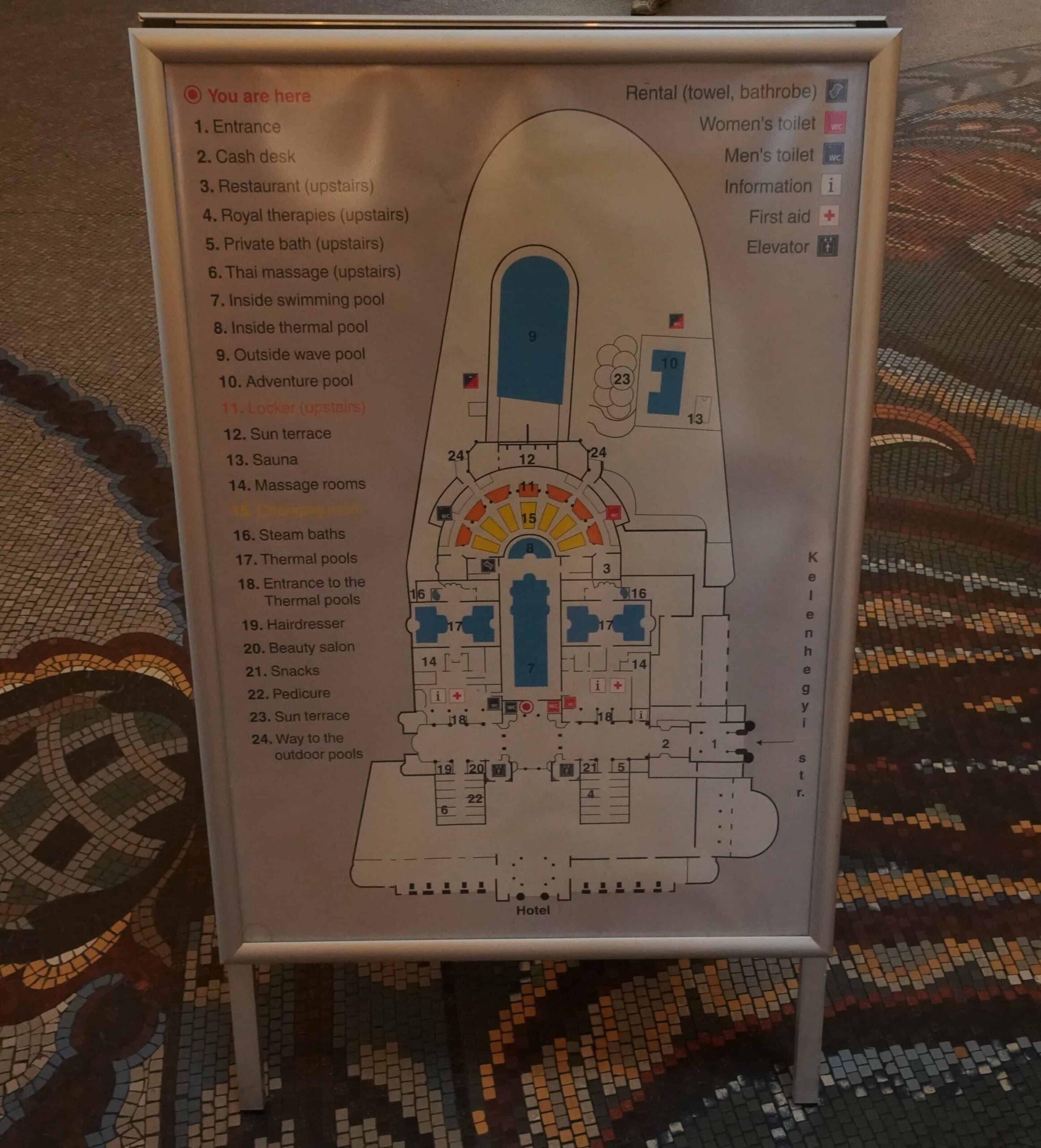 A floor plan map showing the layout of the different pools and saunas at Gellért Bath