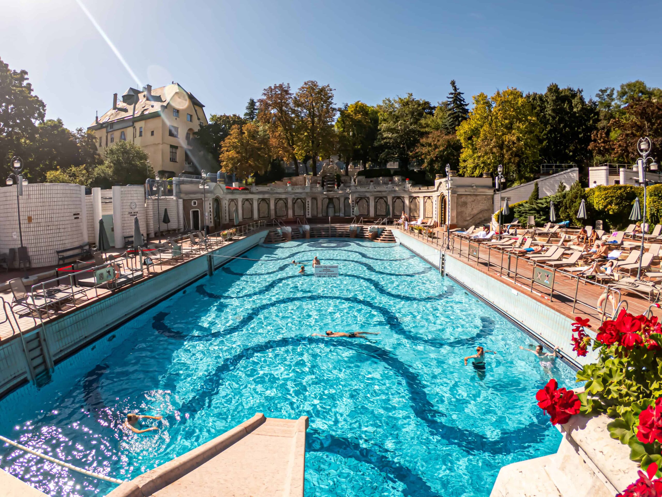 The exceptionally large, terraced outdoor wave pool at the Gellért Thermal Bath