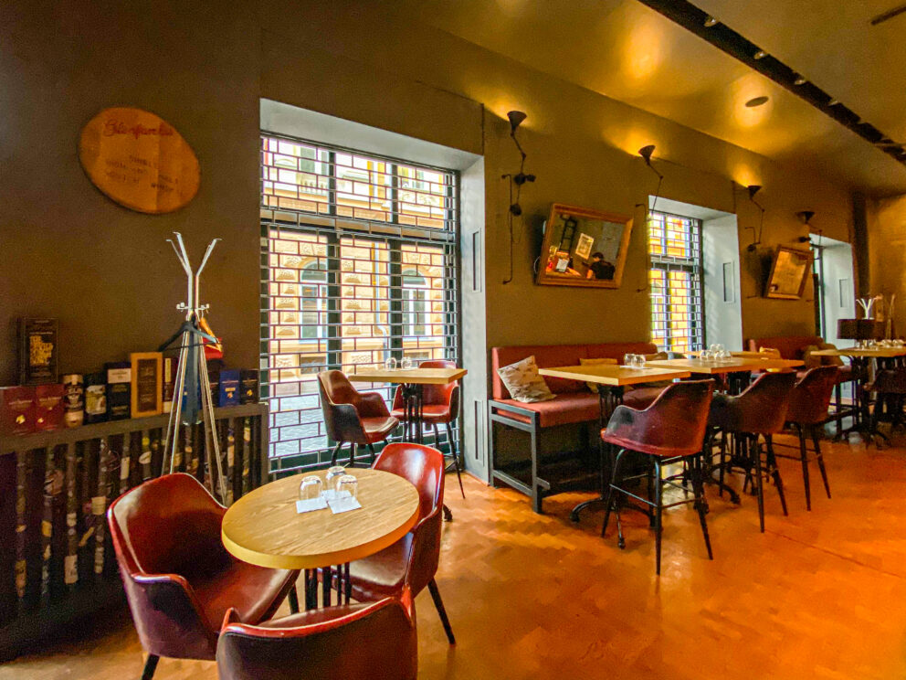 The elegant, comfortable leather lounge seating inside the GoodSpirit Bar