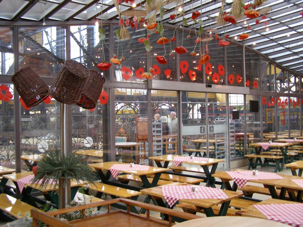 The upper floor dining area of the Great Market Hall with checkered tablecloths