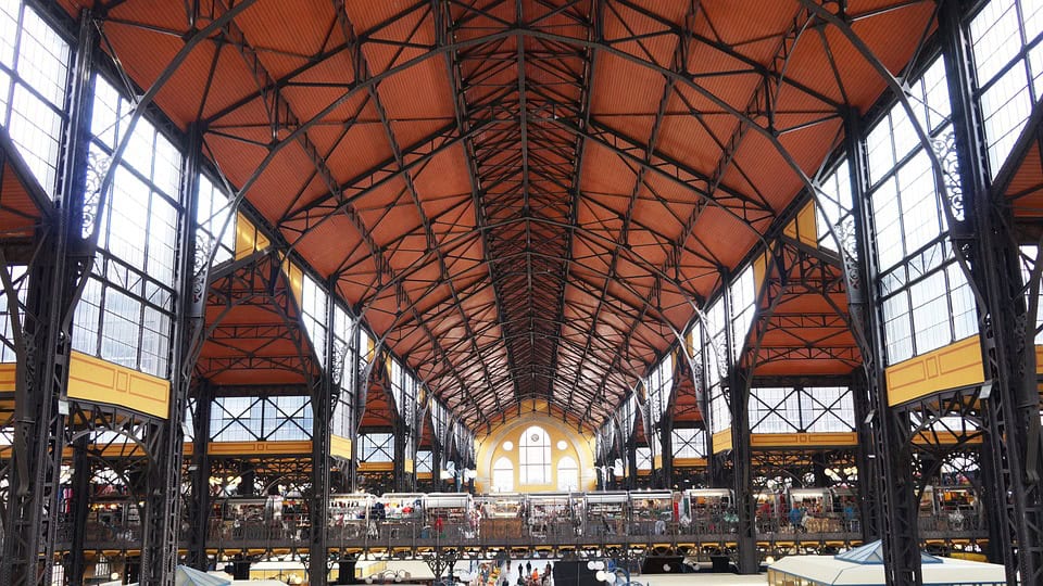 The symmetrical iron pillars supporting the arched glass roof of the market