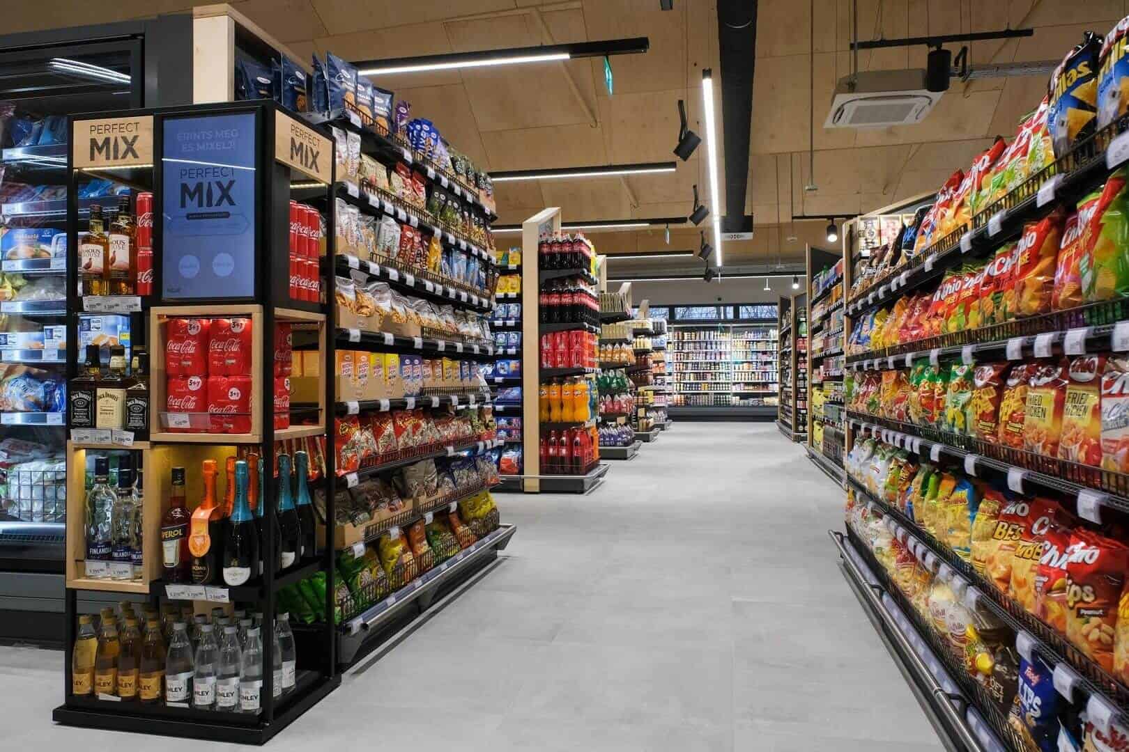 Well-stocked shelves in a modern Budapest supermarket