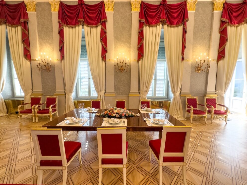 The dazzling Hall of Mirrors inside Sandor Palace