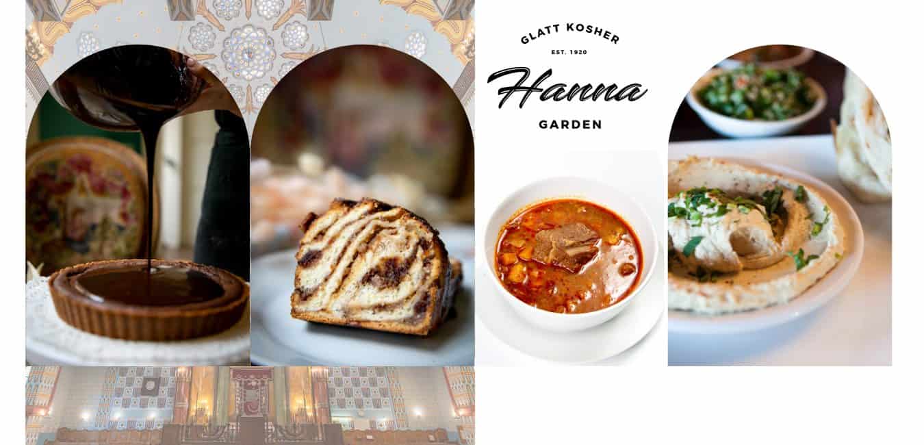 A collage showing various kosher dishes including soup, hummus, and pastries