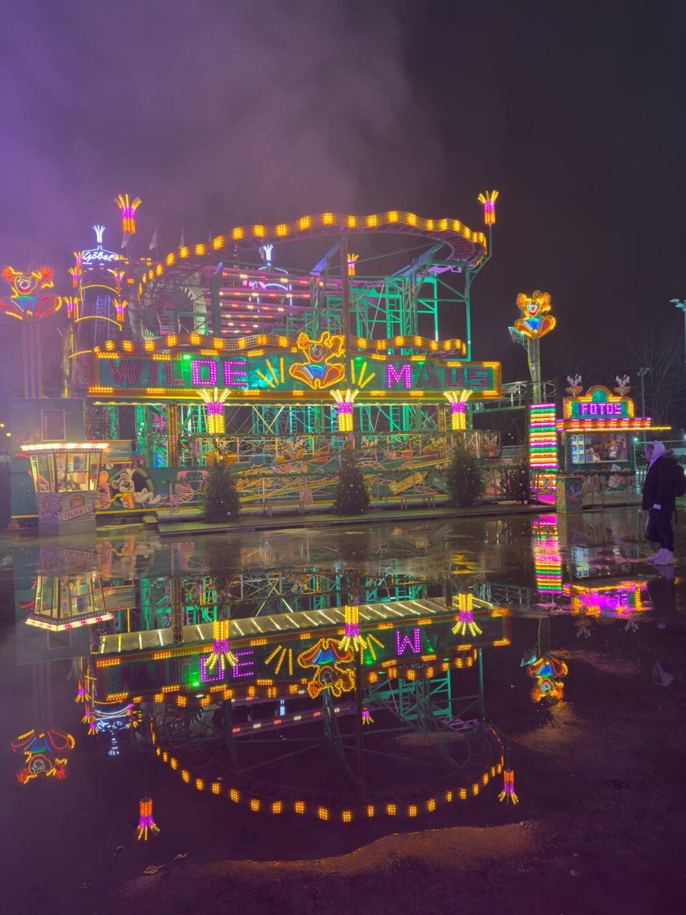 The twisting, curving steel tracks of the main roller coaster at Happy Wonderland