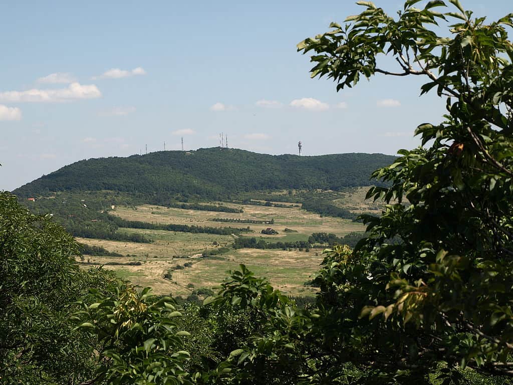 The forested ridge of Harmashatar-hegy as seen from a nearby trail