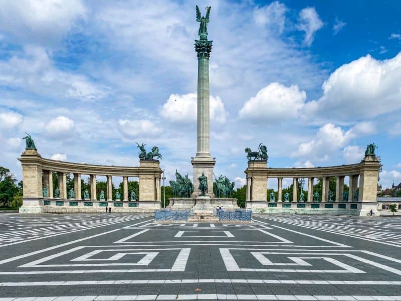 A perfectly symmetrical wide view of the colonnades at the Millennium Monument