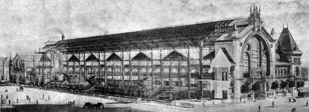 A vintage 1890s architectural sketch of the Great Market Hall
