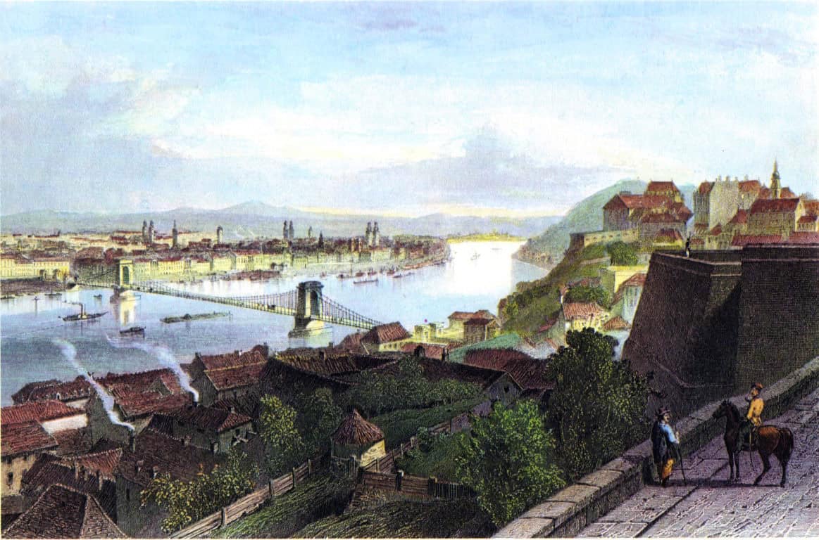 A vintage sepia photograph showing the historic, dense urban skyline of Budapest