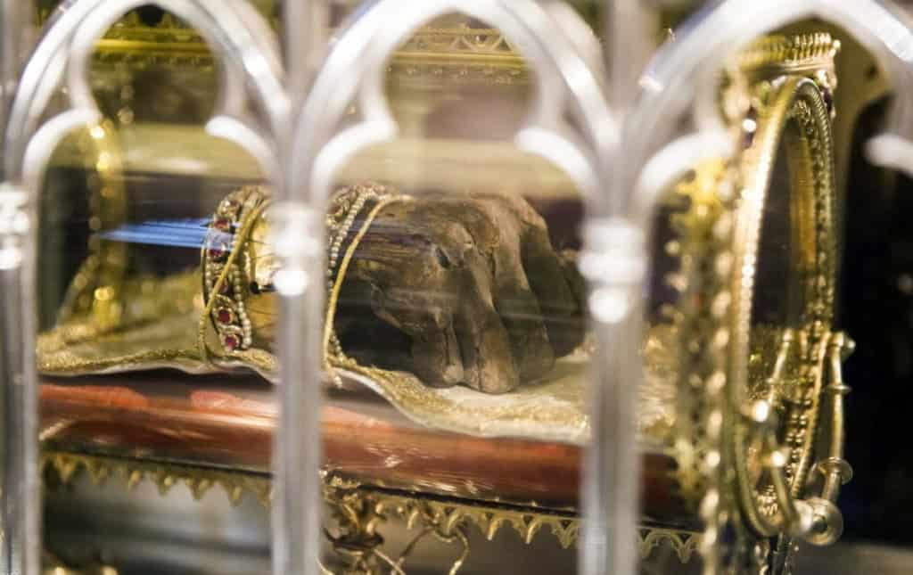 The mummified Holy Right hand of Saint Stephen displayed in a golden reliquary