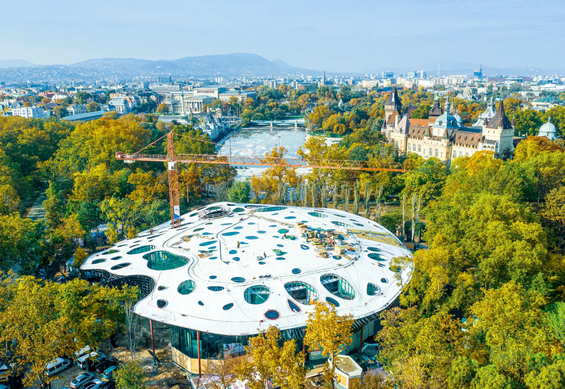 The modern, nature-inspired architectural canopy of the House of Music Hungary inside City Park