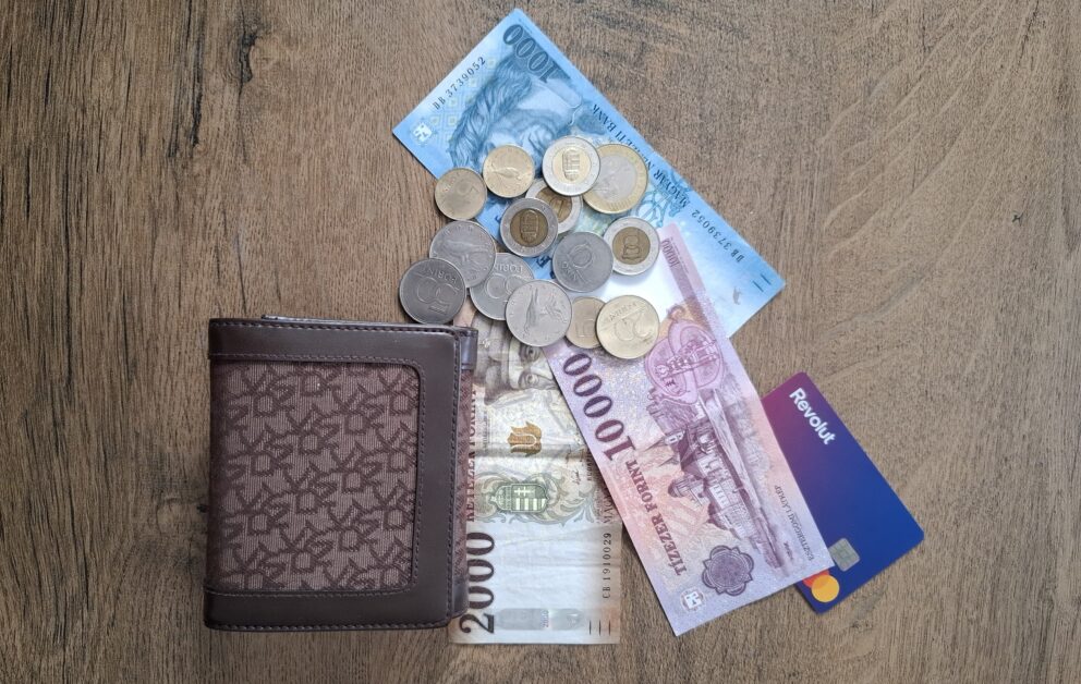 A hand holding a thick stack of purple and green Hungarian Forint banknotes