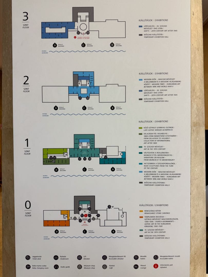 A heavily detailed color-coded floor plan map of the Hungarian National Gallery