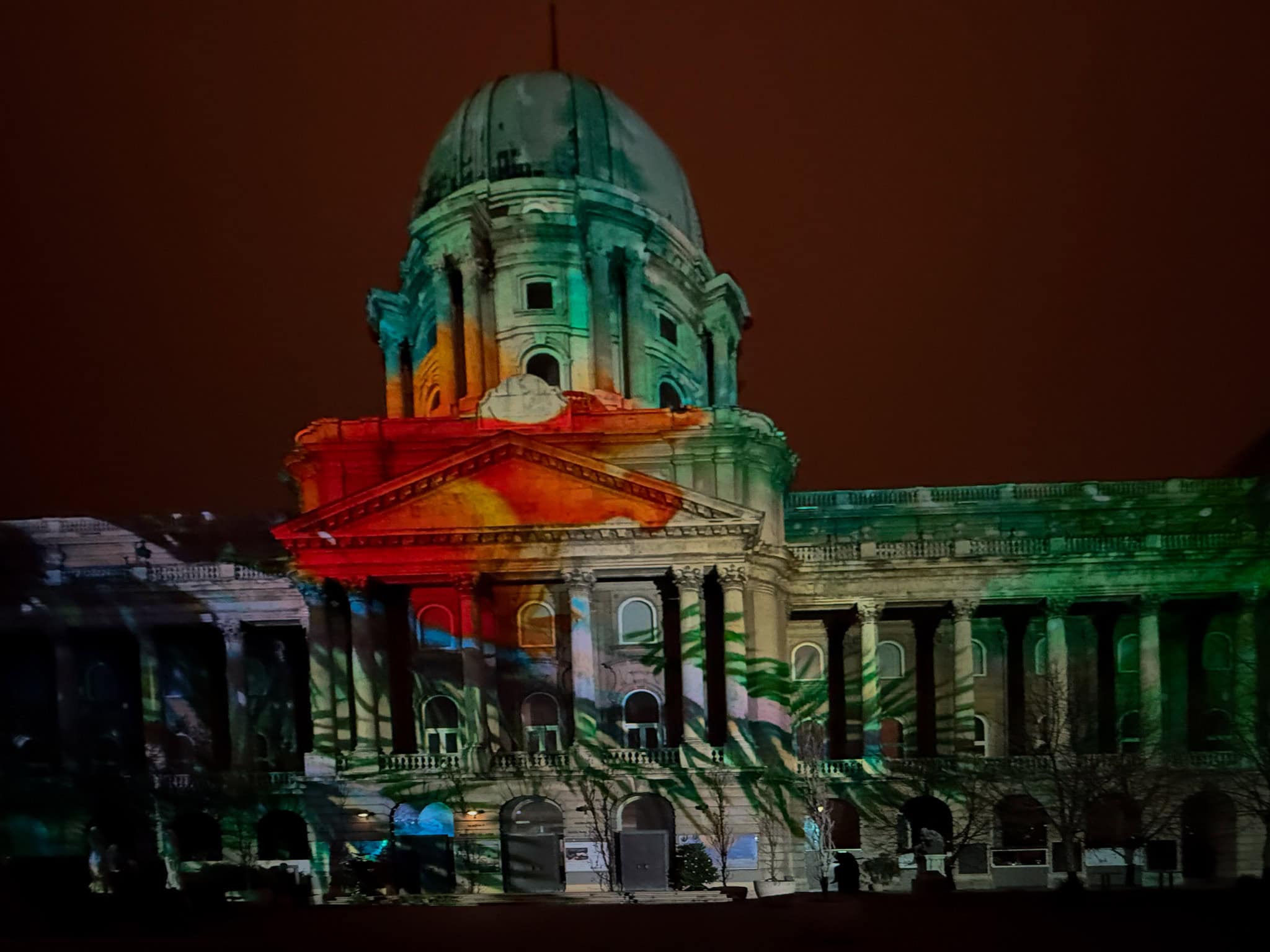 Colorful light painting on the Hungarian National Gallery facade
