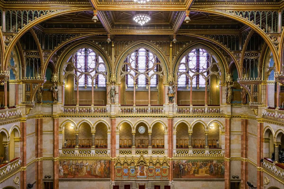 The incredibly opulent, gold-gilded interior hall of the Hungarian Parliament