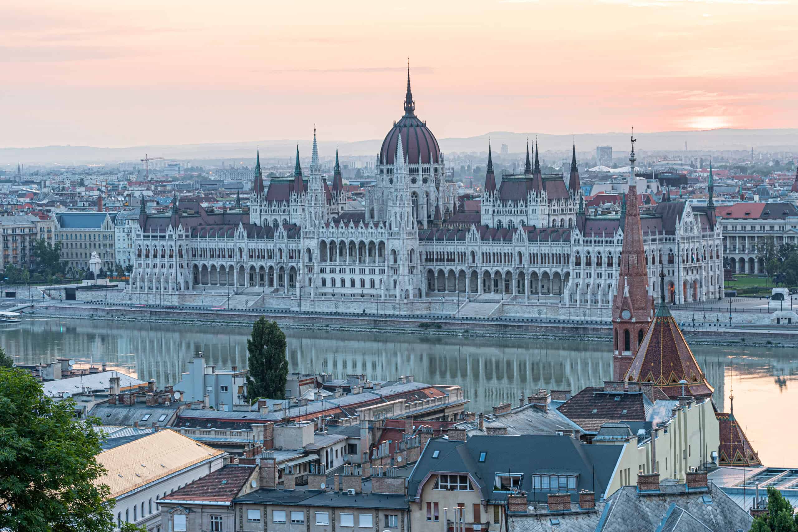 A panoramic daytime view of the Parliament Building from the Buda Castle district