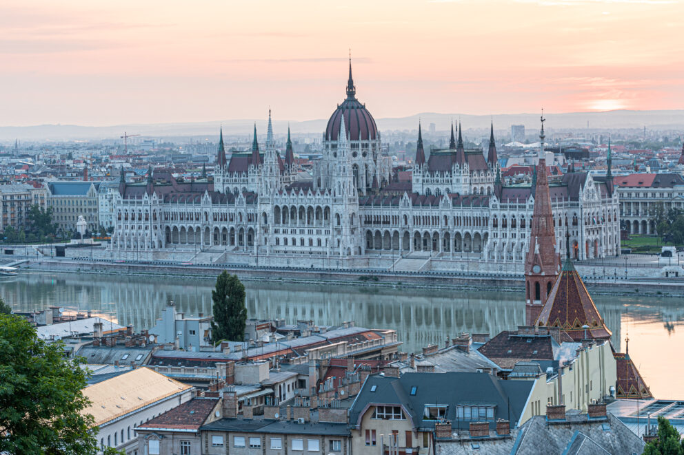 A highly detailed view of the Hungarian Parliament taken from the Buda hillside