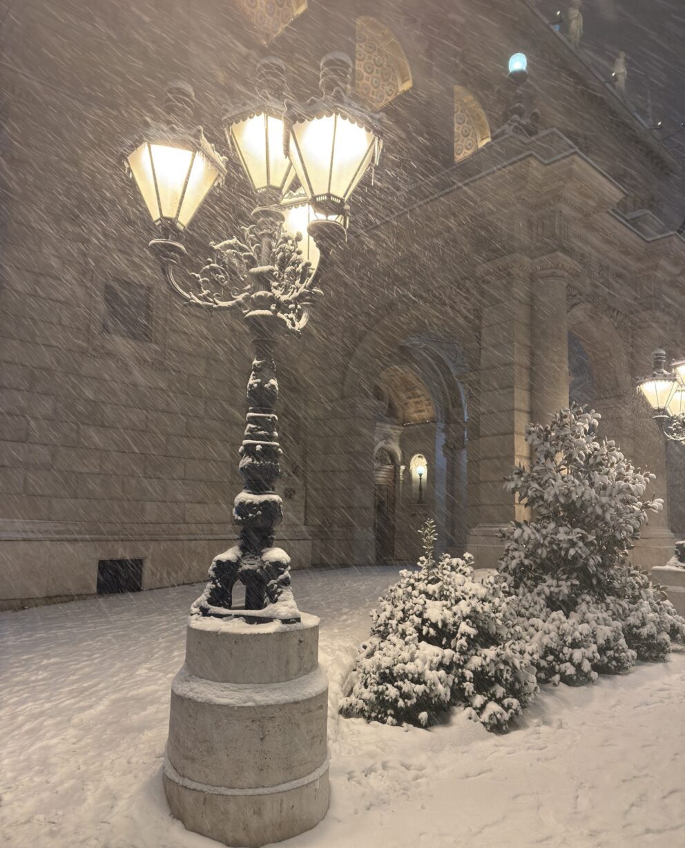 Detailed view of the lights and snow on the facade of the Hungarian State Opera House
