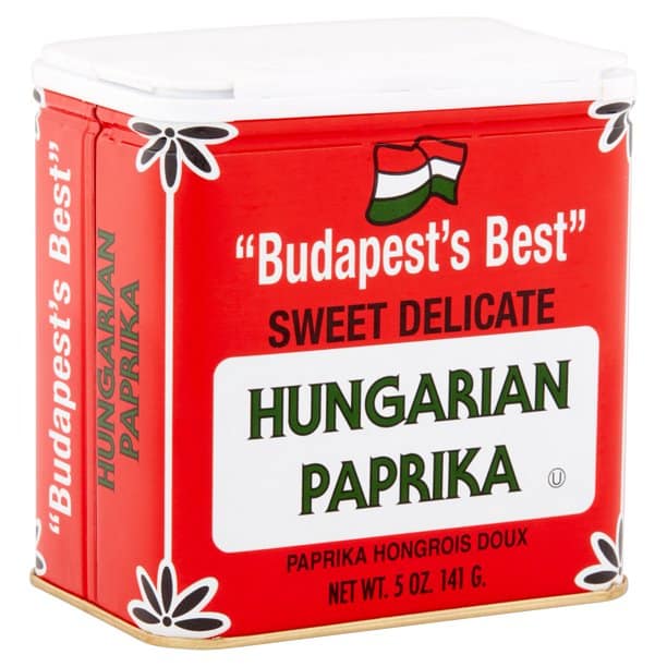 A decorative vintage tin of authentic Hungarian paprika powder
